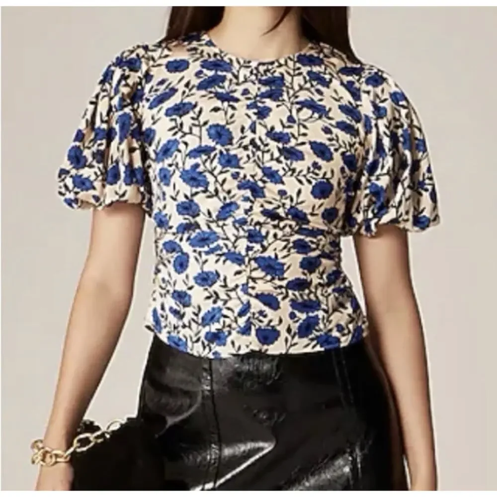 New J.Crew Size 8 Veranda shirt Ruched Smocked Blue Floral Puff Sleeves Satin i6